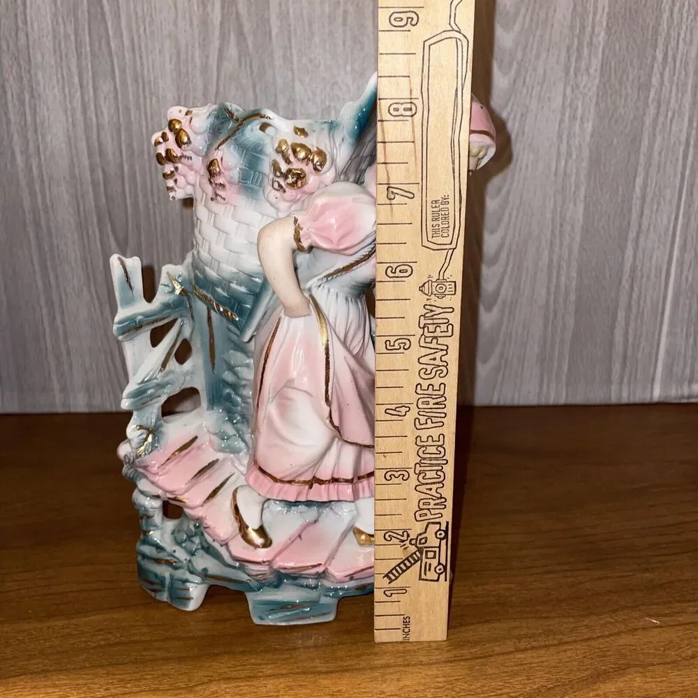 Antique Victorian Figural Spill Vase Girl With Basket Hand Painted Gold Trim DEP